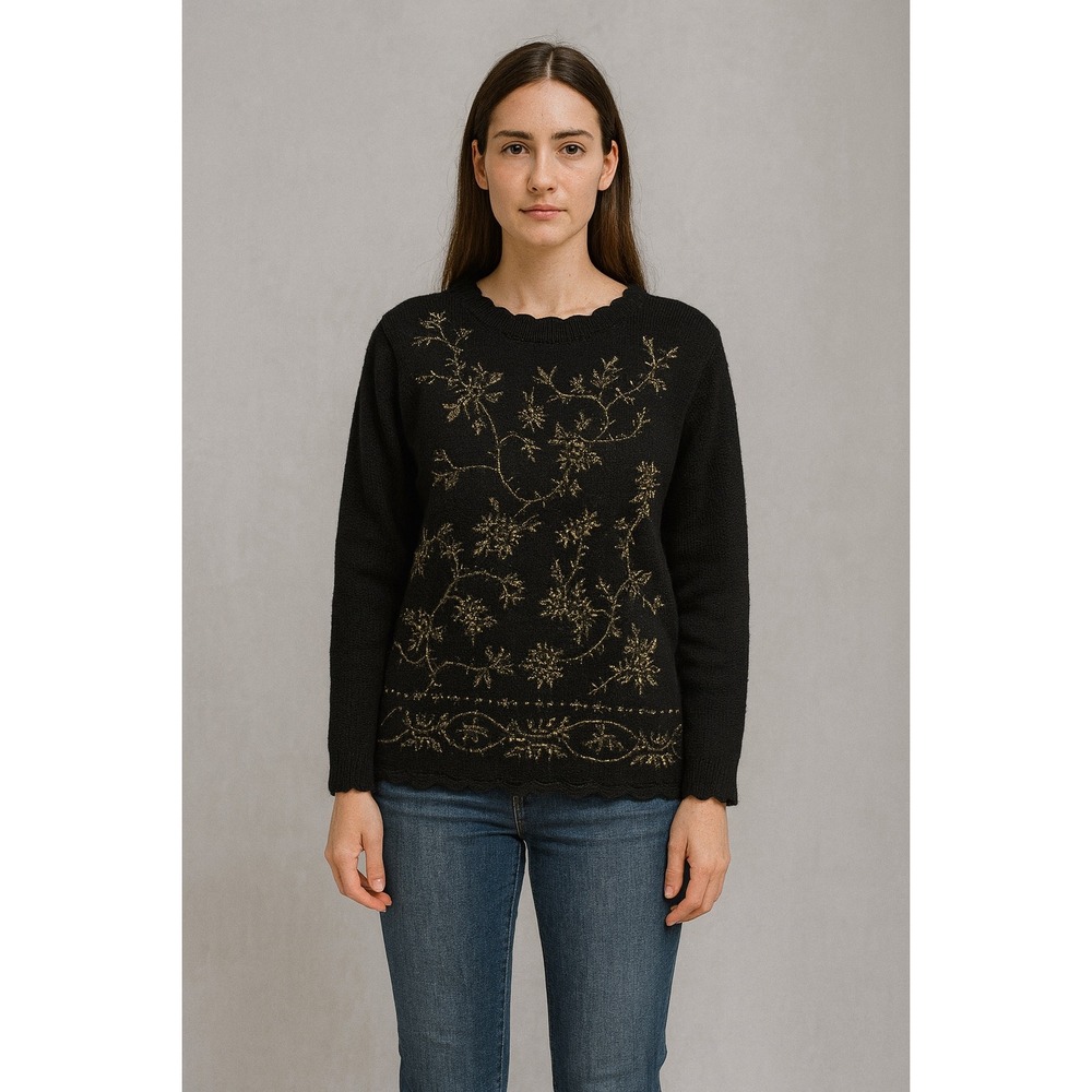 VTG 90s‎ Victoria Jones Sweater L Black Gold Beaded Floral Embroidered Knit Top